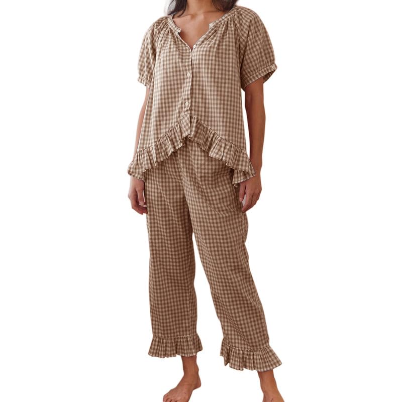 Image of Argeousgor Women Plaid 2 Piece Pajama Set Button Down Puff Sleeve Babydoll Shirt Gingham Pants Pj Lounge Set Sleepwear
