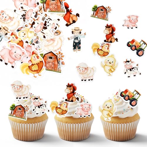 45 Stück Tortendeko Bauernhof Geburtstag Deko, Essbare Bauernhof Cupcake Toppers,Esspapier Traktor Tortendeko Geburtstag,Nutztiere Muffin Deko Kindergeburtstag Dekoration Zubehör ﻿