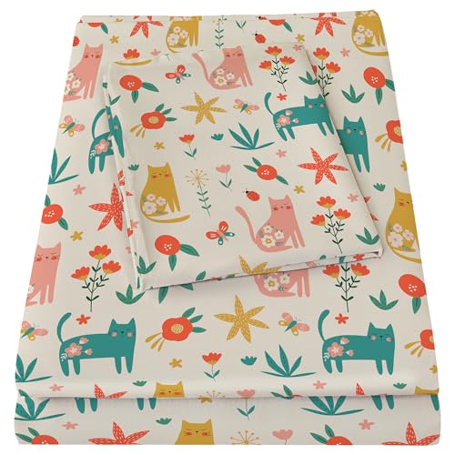 Bedmoon Girls Full Sheets, Kids Green Cat Kitty Cute Animal ...