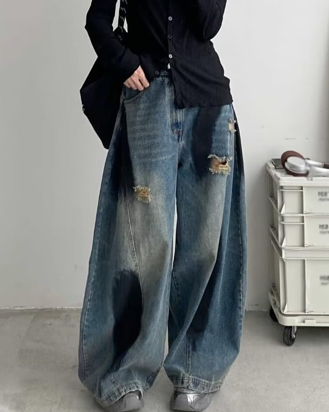 Men's Loose Straight Vintage Paint-Dot with Pockets Wide Leg Long Jeans Streetwear2