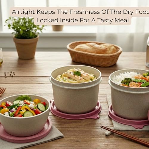 Image of Happy Cove Eco Friendly Lunch Box for Office Use | Biocomposite Wheat Straw, Rice Husk & Bamboo Fibre | 3 Pink Containers with Grey Lunch Bag | Microwave & Oven Safe | Unbreakable Tiffin Box for Men