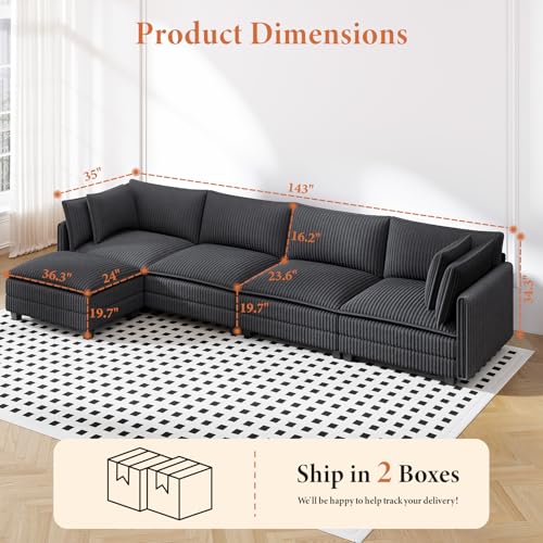 Image of Vesgantti Sectional Sofa, Comfy Corduroy Couches for Living Room, Modern Couch with Ottoman, Grey