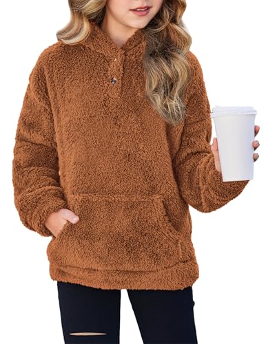 Arshiner Girls Hoodie Sherpa Fleece Pullover Hooded Sweatshirt for Girl Button Up Casual Outerwear Coat With Pockets