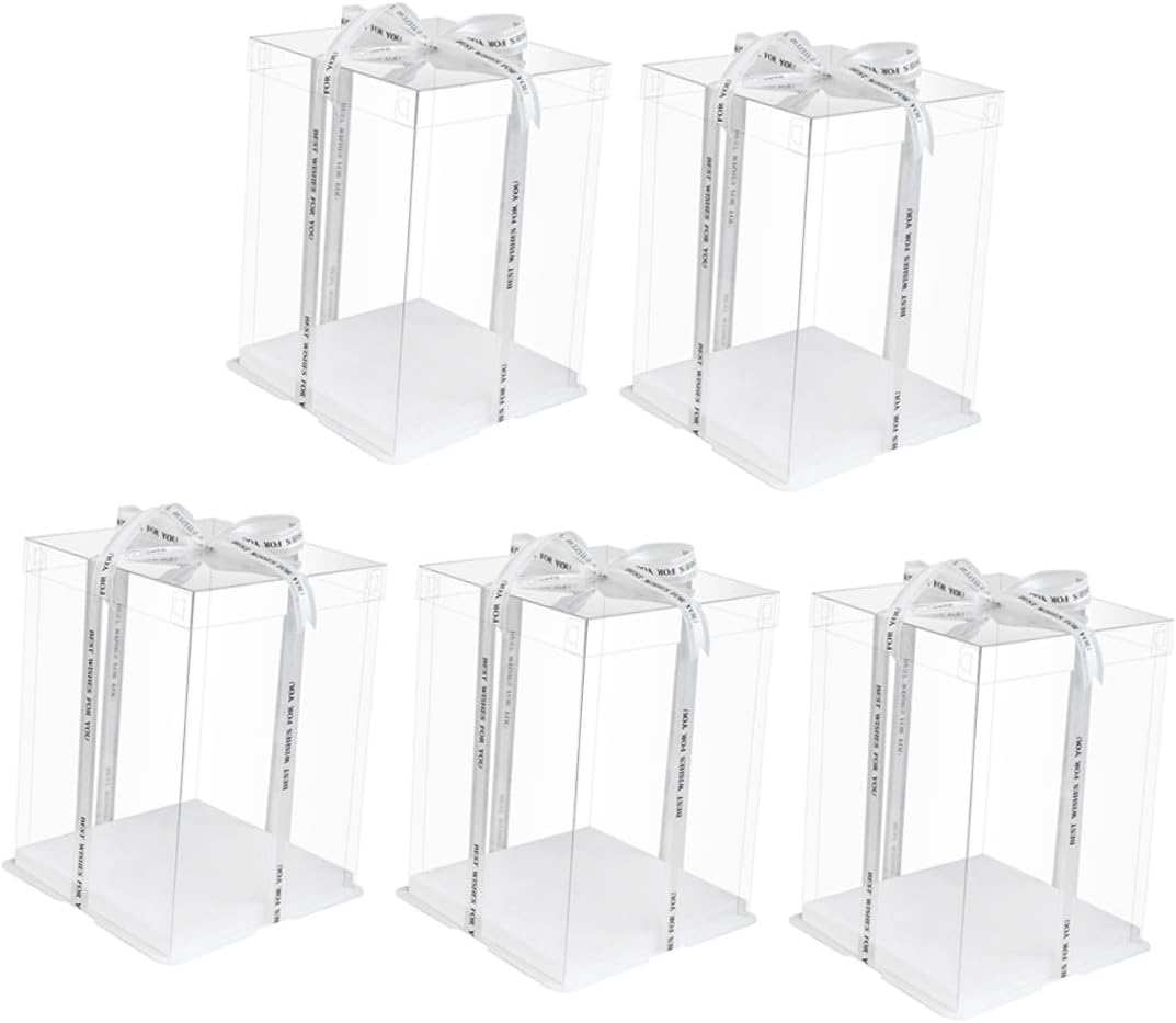 8-inch Square Cake Boxes with Ribbon, Food Packaging Dessert Storage Containers, 5pcs Elevated Double-layer Birthday Cake Holders for Party and Packaging