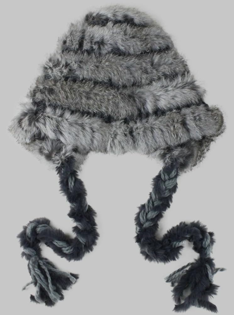 Womens Rex Rabbit Fur Knitted Earflap Beanie Hat Winter Warm Ear Cover Skull Snow Cap with Braid Strap