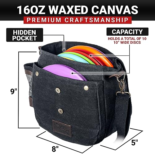 Disc Living Disc Golf Bag | Frisbee Golf Bag | Easy to Carry | Lightweight Fits Up to 10 Discs | 16 oz Waxed Canvas Leather Design | Belt Loop | Double Button Design | Bottle Holder (Black) - Thumbnail 3