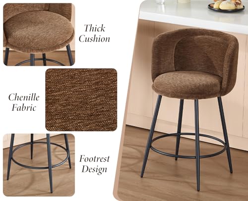 Tabourets de bar en chenille marron avec dossier | Lot de 4 - 6