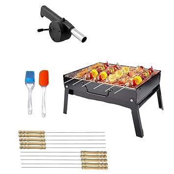 THEODORE Barbecue Grills - Foldable Charcoal Barbeque Grill With (2 Spatula, 1 Bbq, 12 Stick, 1 Air Blower) | Outdoor bbq grill tools for Camping Picnics Traveling - Stellar Black (Barbecue set)
