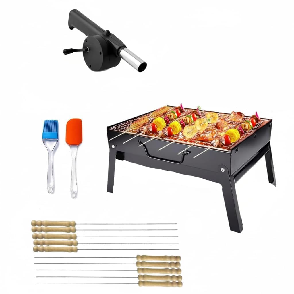 Barbecue Grills - Foldable Charcoal Barbeque Grill With (2 Spatula, 1 Bbq, 12 Stick, 1 Air Blower) | Outdoor bbq grill tools for Camping Picnics Traveling - Stellar Black (Barbecue set)