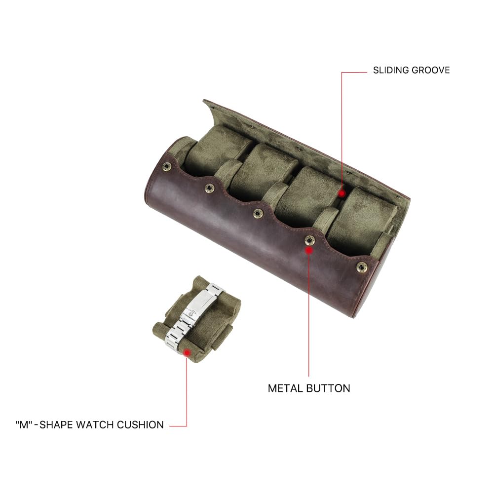 Hiram Estuche enrollable de piel auténtica, caja de almacenamiento para 4 relojes, funda de viaje con cojín extraíble, organizador protector portátil