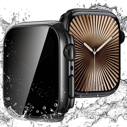 Goton Waterproof Privacy Case for Apple Watch Screen Protector, Anti-Spy Anti-Peep Tempered Glass Face Cover Hard PC Shockproof Bumper for Apple Watch Series 11/10, 46mm Jet Black