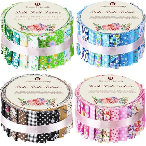 SmoothNovelty 160 Pcs 4 Roll Fabric Strips Assorted Quilting Fabric for Quilting Crafting and Sewing Rolled Cotton for Crafts Blanket Rug Upholstery and Purse Making (Warm Printing Style)