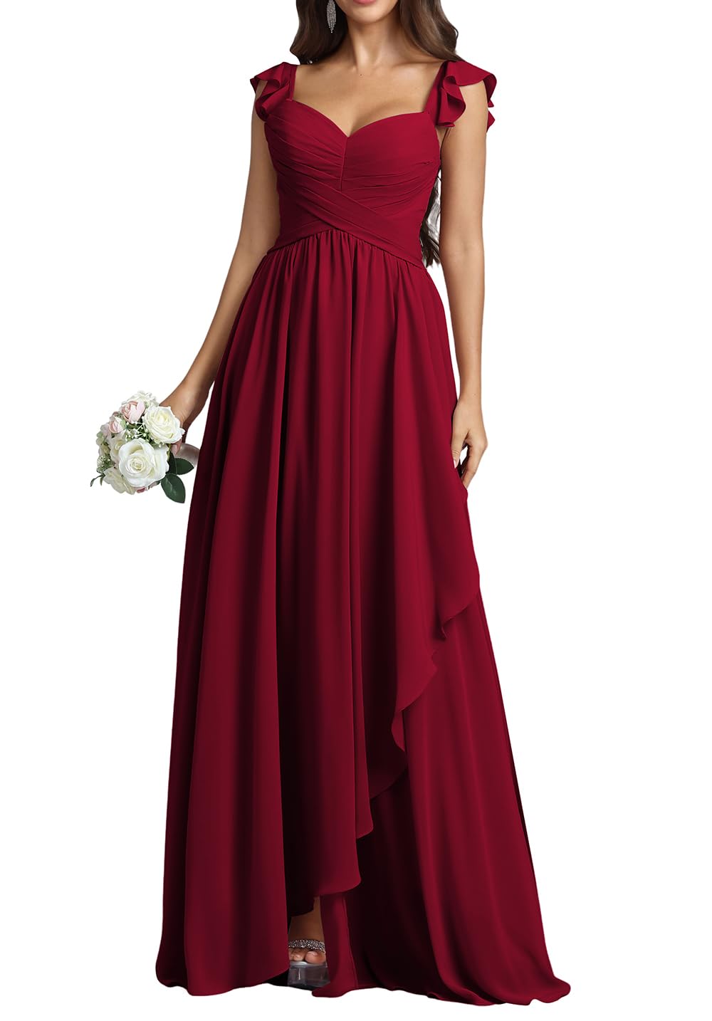 Womens Bridesmaid Dresses Flowy Chiffon A Line Ruffled Long Formal Wedding Guest Dress