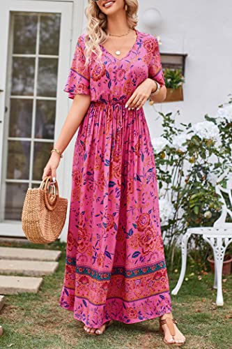 Image of PRETTYGARDEN Women's Casual Summer Boho Floral Print Dress V Neck Short Sleeve High Waist Long Maxi Beach Dresses