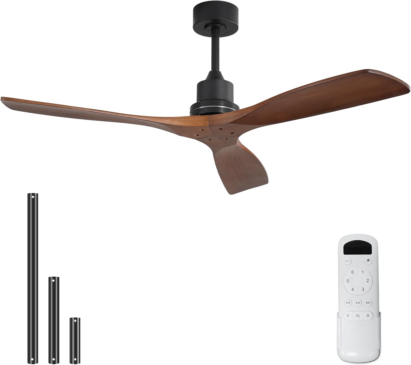 Sofucor 52 Inch Ceiling Fan No Light - Modern Solid Wood Ceiling Fan with Remote, 5000CFM High Airflow, Quiet DC Motor, 3 Rods & 6 Speeds, Timer & Reversible for Bedroom Living Room, ETL, Walnut