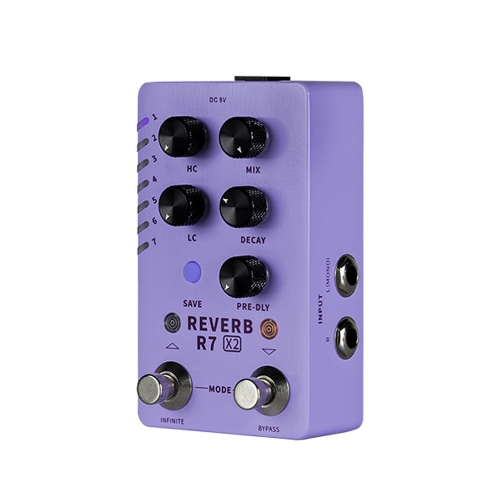 Efecto de bloque único R7X2, pedal de reverberación estéreo de clavijas dobles, efecto de guitarra eléctrica