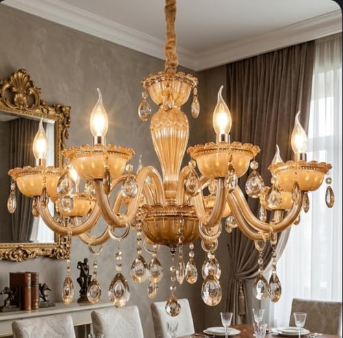 Image of Sanleen 6 Light Glass Candle Chandelier - 24 Inch Antique Modern Ceiling Hanging Light, Contemporary Luxury Jhumar for Living Room, Dining Room, Hall & Home Decor (Bulb Included) (Design 4)