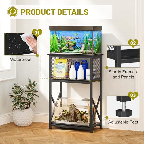 Image of Snughome 10 Gallon Aquarium Stand with Storage, 3 Tier Heavy Metal Fish Tank Stand Shelf 20.47 inch x 11.42 inch x 30.91 inch, Black