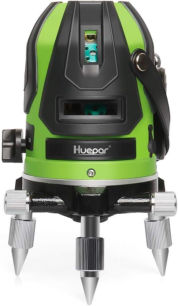 Huepar Multi-line Laser Level Green Beam - 4 Vertical and 1 Horizontal Lines with Down Plumb Dot - Alignment Self-Leveling Laser Tool - 360° Rotating Base, Hard Carrying Case Included - 6141G