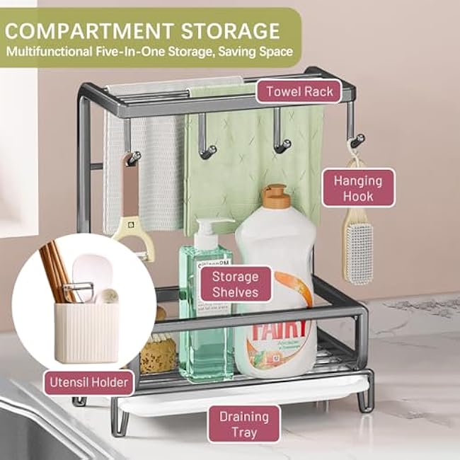 Sponge Holder, Sink Caddy with Brush Holder, Kitchen Sink Organizer with Removable Drip Tray, Multifunctional Dish Rag Holder, Sink Storage Rack for Kitchen Counter
