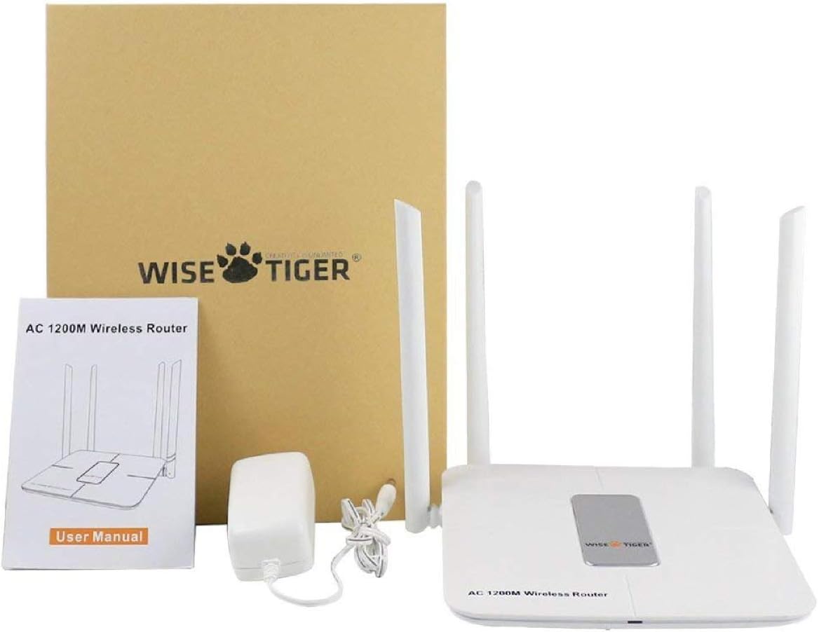 Package contents of the WISE TIGER AC1200 Wireless Router