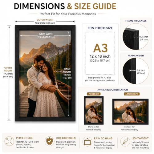 Image of AARVI Personalized A3 Photo Frame with Custom HD Photo Print | Premium MDF Wooden Wall Hanging Picture Frame for Birthday, Anniversary & Wedding Gift (Black)