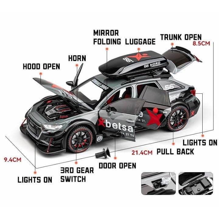 Image of TOYRENTTO 1:24 A*U*D*I RS6 Diecast Car Toy - 6 Openable Doors, Lights, Sound & Music, Roof Box & Racing Design for Kids & Collectors(Colour AS PER Stock)
