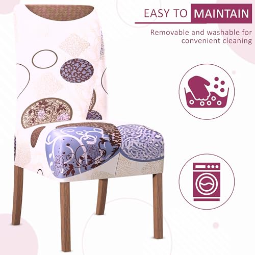 Image of Kuber Industries 8 Pcs Stretchable Dining Table Chair Cover Machine Washable Chair Protector Seat Slipcover for Kitchen & Living Room | Gola Print - Cream