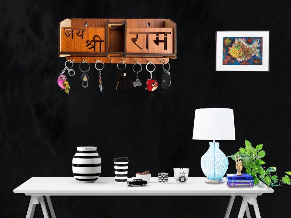 Image of Jai Shree Ram Key Holder Wooden Key Holder Stand for Home Wall, Office, Hall, Living Room, Bedroom Stylish Designer, Home Decor Two Pocket Mobile Charger and Pan Stand 8 Hooks MDF Brown