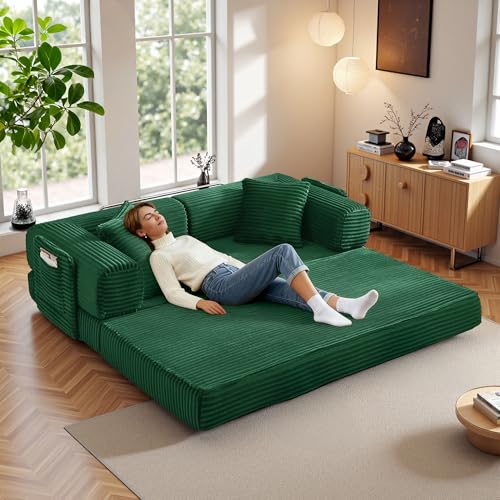 Image of Boneless Couch Futon Sofa Bed Sectional Couches for Living Room,Cloud Couch with Sleeper Sofa,Sofas for Living Room Oversized Corduroy Upholstered (Green, 81 Inches (with Iron Frame))