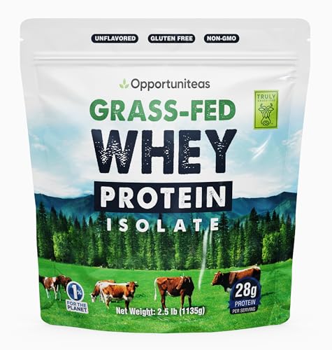 Opportuniteas Grass Fed Whey Isolate Protein Powder - Unflavored 28g Protein Powder Without Artificial Sweeteners, Hormone-Free Cows, Non GMO - 2.5lb