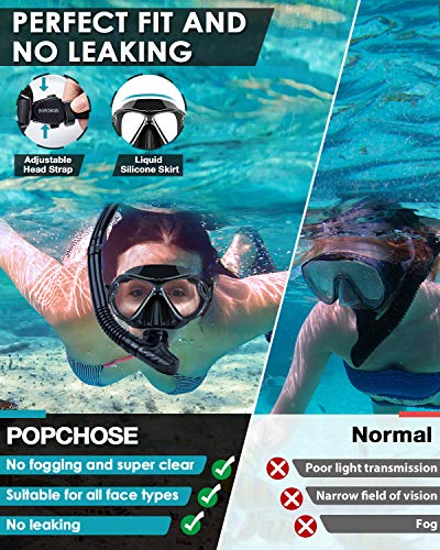 POPCHOSE Snorkel Set Silicone Snorkeling mask Set for Adults and Youth, Foldable Dry Top Snorkel Anti-Leak Anti-Fog Adjustable Diving Mask Gear Mesh Bag for Snorkeling, Diving, Swimming - Thumbnail 2