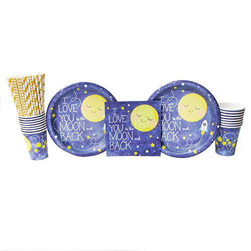 To the Moon and Back Party Supplies Pack for 16 Guests | Paper Straws, 16 Paper Dinner Plates, 16 Paper Luncheon Napkins, and 16 Paper Cups | Cute Nursery Rhymes Baby Shower Party Supplies Set