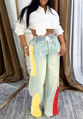 YOOTIKO Women Striped Drawstring Jeans Elastic High Waisted Straight Wide Leg Baggy Sweatpants Jeans3