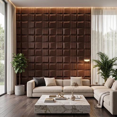 Image of Kayra Decor 3D PVC Wall Panels for Bedroom & Living Room | Cube Design | Walnut Wood Color | 19.7 x 19.7 Inch | Pack of 18 | 42.48 Sq Ft