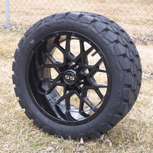 14 Inch Glossy Black Deep Dish Golf Cart Wheels & Tires Set of 4 22x10-14 All Terrain Tires/Street Use 22 Inch Golf Cart Wheels Compatible with EZGO Club Car YMH 5 or 6 Lift Kit Required
