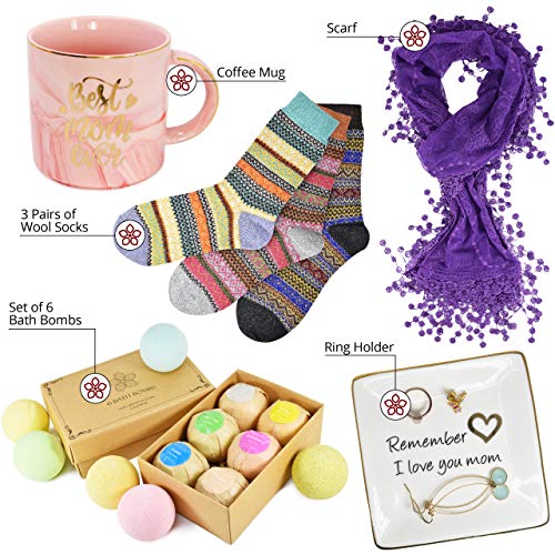 Best Birthday Gift for Mom. Includes: Set Of 6 Bath Bombs, Ring Holders For Jewelry, Best Mom Coffee Mug, Warm Socks And Women Scarf. Gifts For Mom From Daughter Or Son on Mother\'s Day.