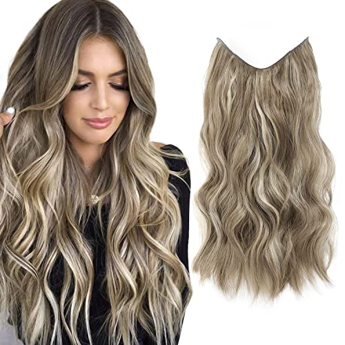Ms TAj Light Brown with Blonde Halo Hair Extensions Highlights 20inch with Adjustable Size Removable Clips Invisible Secret Synthetic Curly Hairpiece for Women