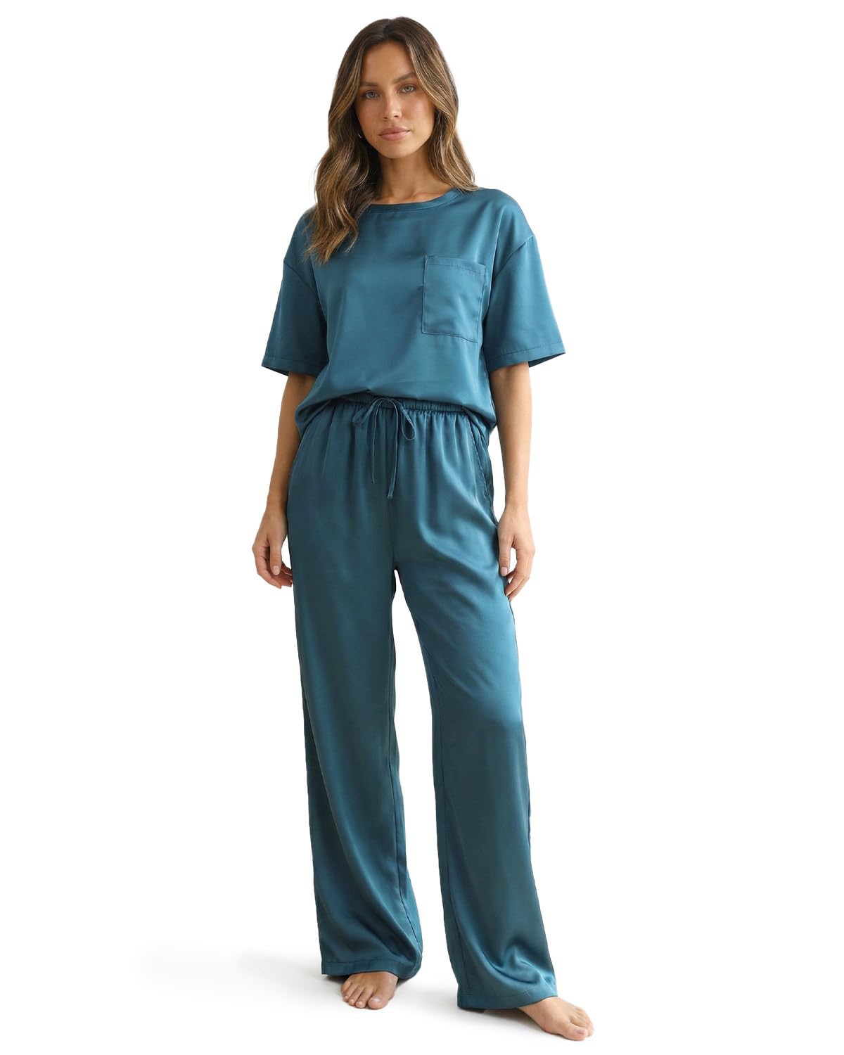 Zylioo Extra Lang Damen Schlafanzug Kurzarm Satin Pyjama Set Nachtwäsche Set Zweiteiler Tall，Sommer Casual Hausanzug Loungewear Sleepwear