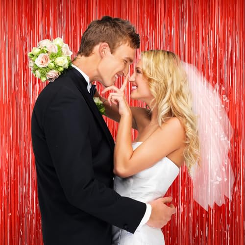 Image of Red Tinsel Backdrop, 2Pack Fringe Curtains, Red Foil Tinsel Party Streamer Backdrop Curtains, Engagement Wedding Photo Backdrop Party Decorations for Wedding Anniversaries Christmas Baby Shower Decors