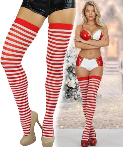 Image of ToBeInStyle Women's Opaque Hosiery Thin Striped Thigh High Long Stocking