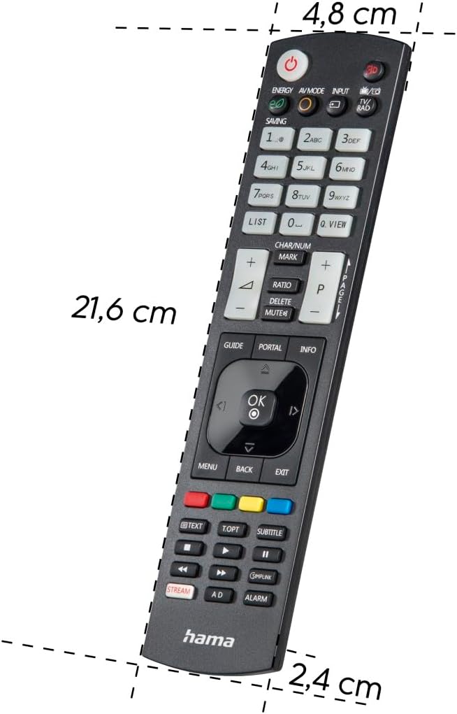 Hama Universal Remote Control with dimensions overlaid: 21.6 cm length, 8.4 cm width, 2.4 cm thickness.