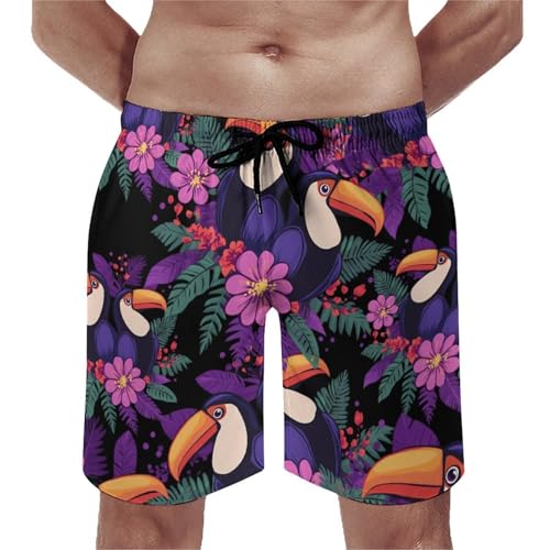 Two Toucans with Flowers Men's Swim Trunks Board Shorts Beachshorts Swimsuits with Pockets Mesh Liner