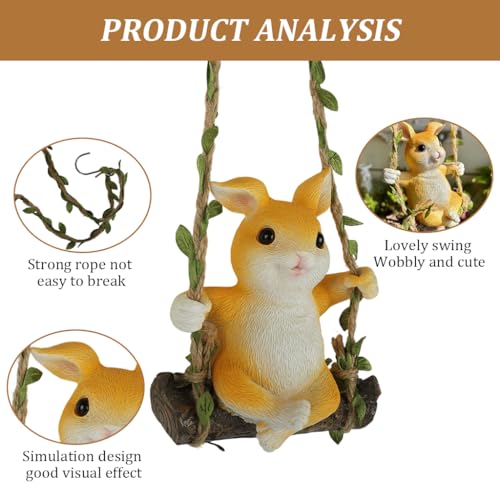 Image of HASTHIP Lovely Rabbit Car Ornament, Resin Rabbit on Swing Hanging Room Decor, Small Cute Bunny Figure Ornament with Hemp Rope, 10x13cm, 35cm Rope