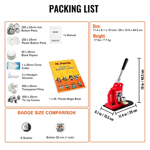 VEVOR Button Maker Maschine, 25 mm (1 Zoll) Badge Punch Press Kit, Kinder DIY Geschenke Pin Maker, Button Herstellung Zubehör mit 500 STK. Button Teile & Kreisschneider & Zauberbuch