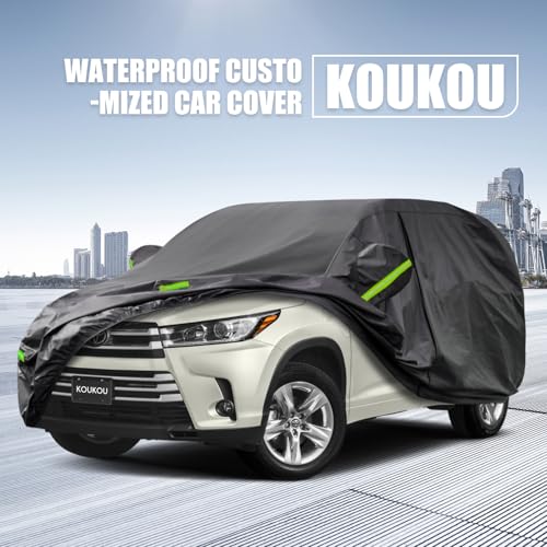 Image of KouKou Waterproof SUV Car Cover Suitable for Toyota Highlander from 2007 to 2025, 7 Layers Windproof All Weather Waterproof Outdoor Cover Sun Rain UV Dust Snow Protection. Black