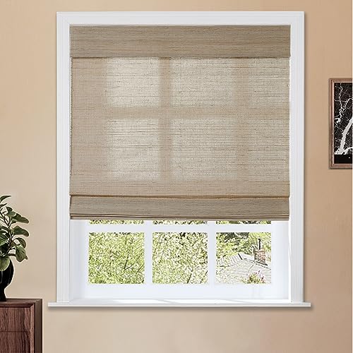 Image of TWOPAGES Natural No Drill Roman Blind Custom Made Cordless Ramie Roman Shade Light Filtering Blackout Roman Window Shade for Kitchen French Doors, Coconut, 1 Piece