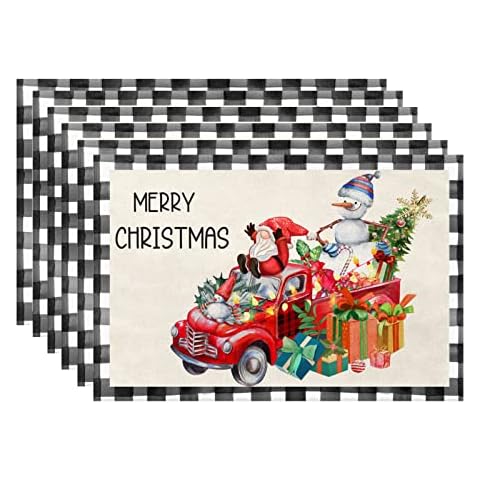 Merry Christmas Snowman Truck Buffalo Plaid Placemats for Dining Table, 12 x 18 Inch Seasonal Winter Holiday Rustic Vintage Washable Table Mats Set of 6 Cover