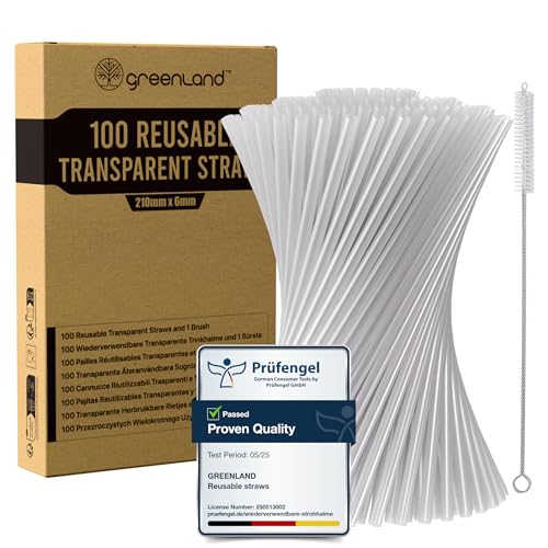 Greenland Pack de 100 pajitas reutilizables transparentes con cepillo – 21 cm de largo, 6 mm de ancho – Perfectas para cócteles, leche, zumos y té