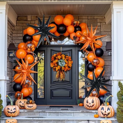 Image of TONIFUL 4 Pcs Explosion Star Balloons Black and Orange Foil Party Decor | 22 Inch Large Mylar Star Balloon for Halloween Party Decor Graduation Sport Themed Birthday Baby Shower Photo Booth Supplies